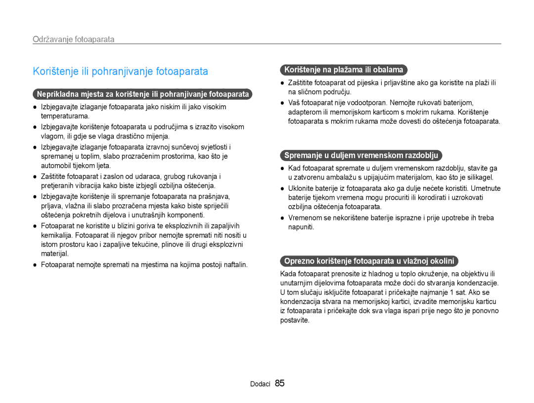Samsung EC-ST65ZZBPBE3 Korištenje ili pohranjivanje fotoaparata, Održavanje fotoaparata, Korištenje na plažama ili obalama 