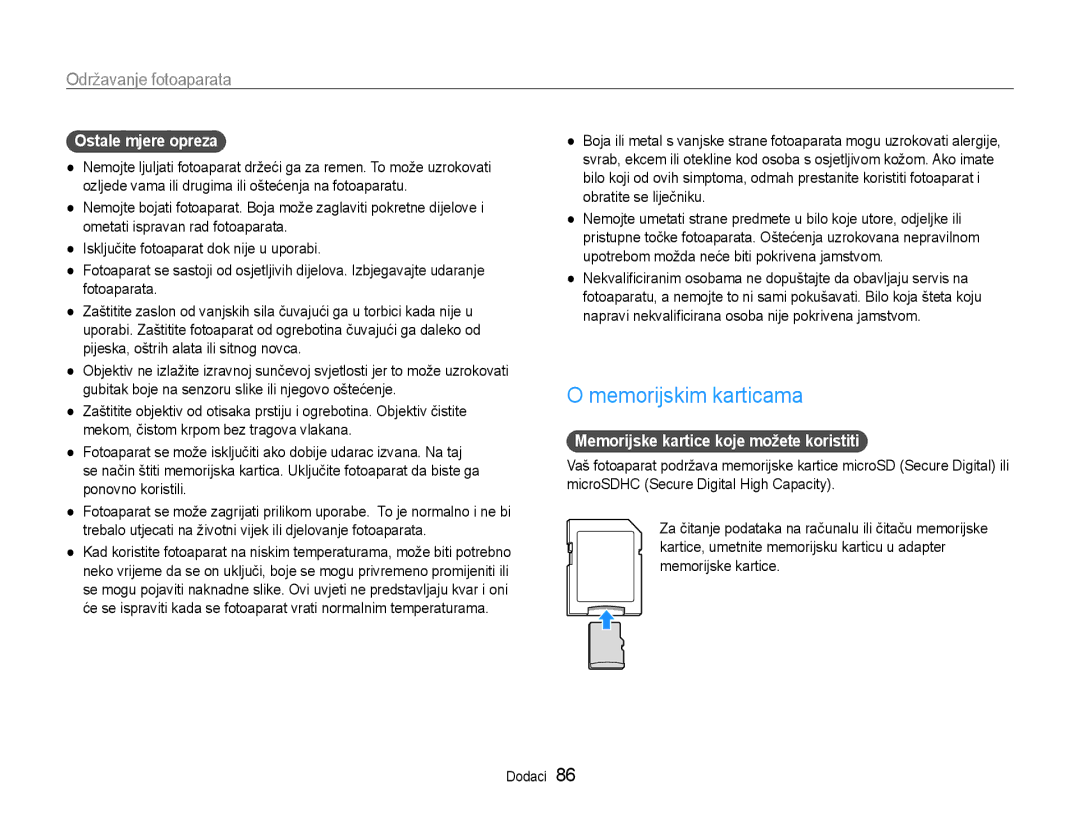 Samsung EC-ST65ZZBPUE3 manual Memorijskim karticama, Ostale mjere opreza, Memorijske kartice koje možete koristiti 