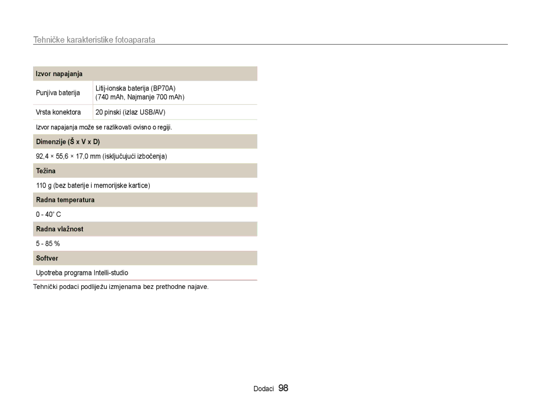 Samsung EC-ST65ZZBPUE3 manual Izvor napajanja, Dimenzije Š x V x D, Težina, Radna temperatura, Radna vlažnost, Softver 