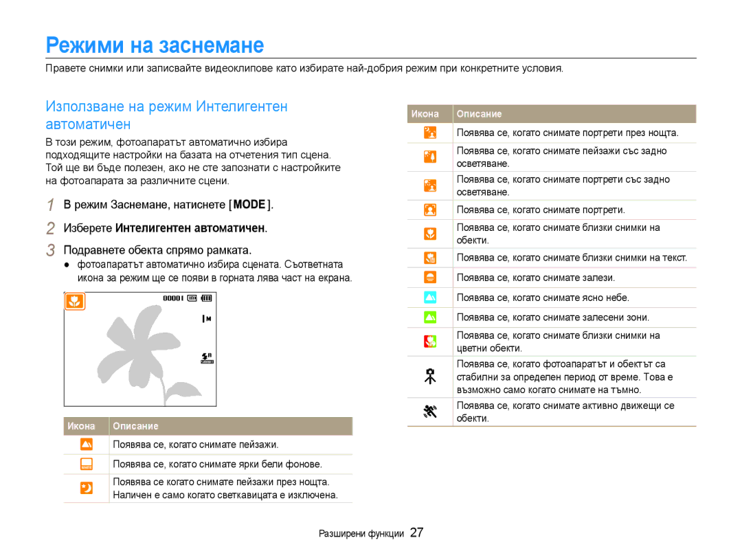 Samsung EC-ST65ZZBPSE3, EC-ST65ZZBPRE3, EC-ST65ZZBPBE3 Режими на заснемане, Използване на режим Интелигентен автоматичен 