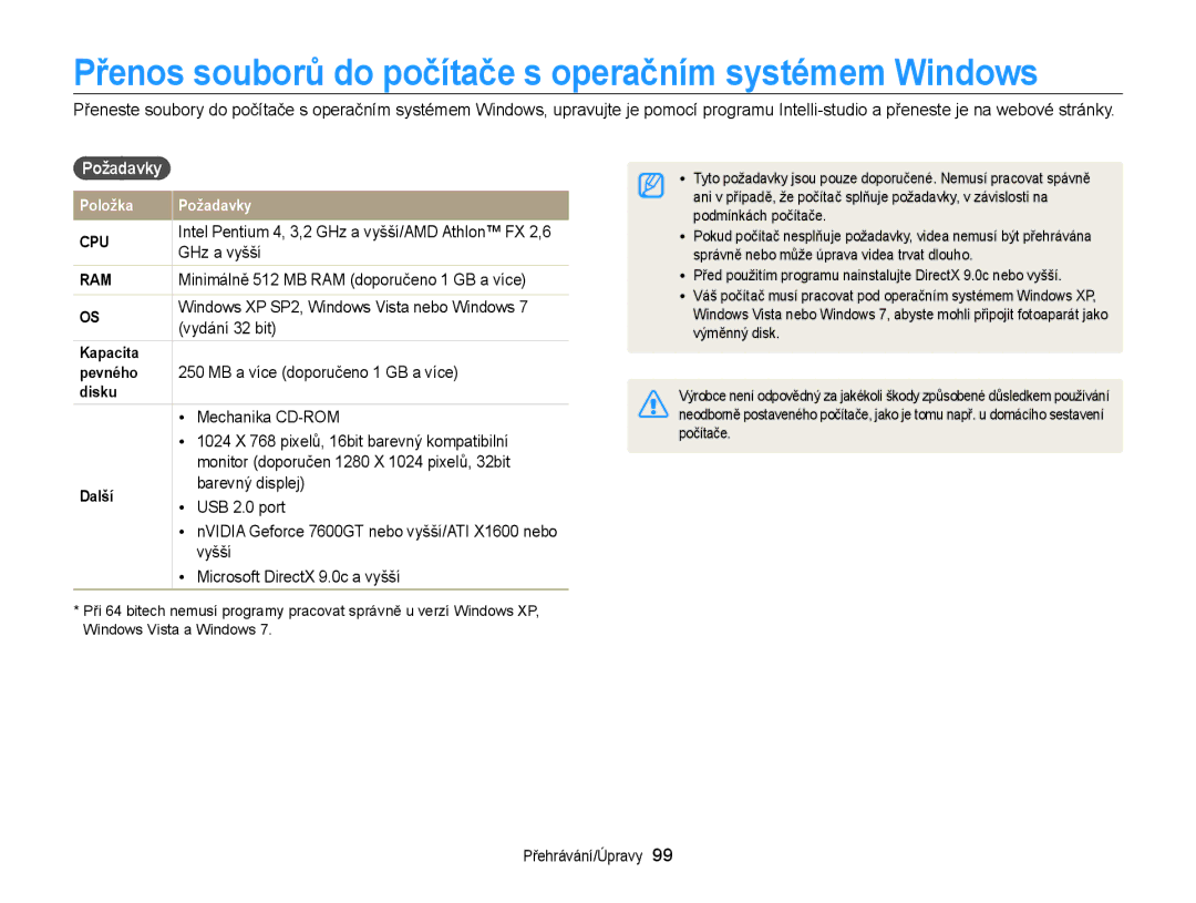 Samsung EC-ST65ZZBPRE3, EC-ST65ZZBPSE3, EC-ST65ZZBPUE3 Přenos souborů do počítače s operačním systémem Windows, Požadavky 