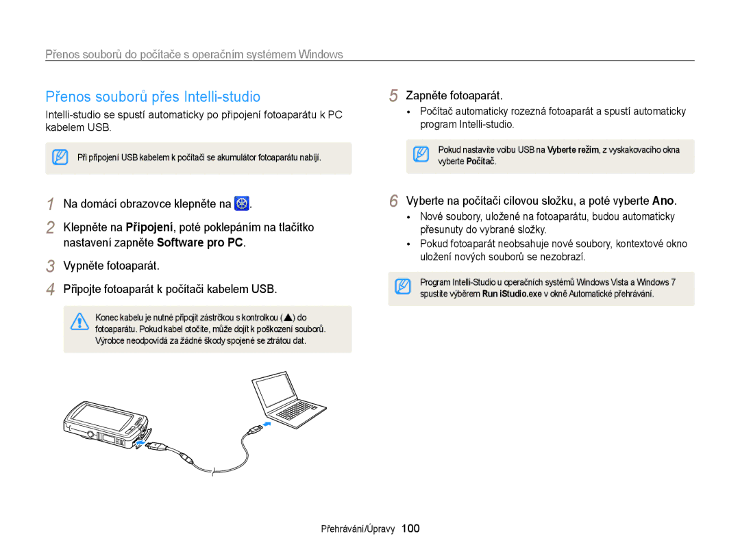 Samsung EC-ST65ZZBPSE3 manual Přenos souborů přes Intelli-studio, Přenos souborů do počítače s operačním systémem Windows 