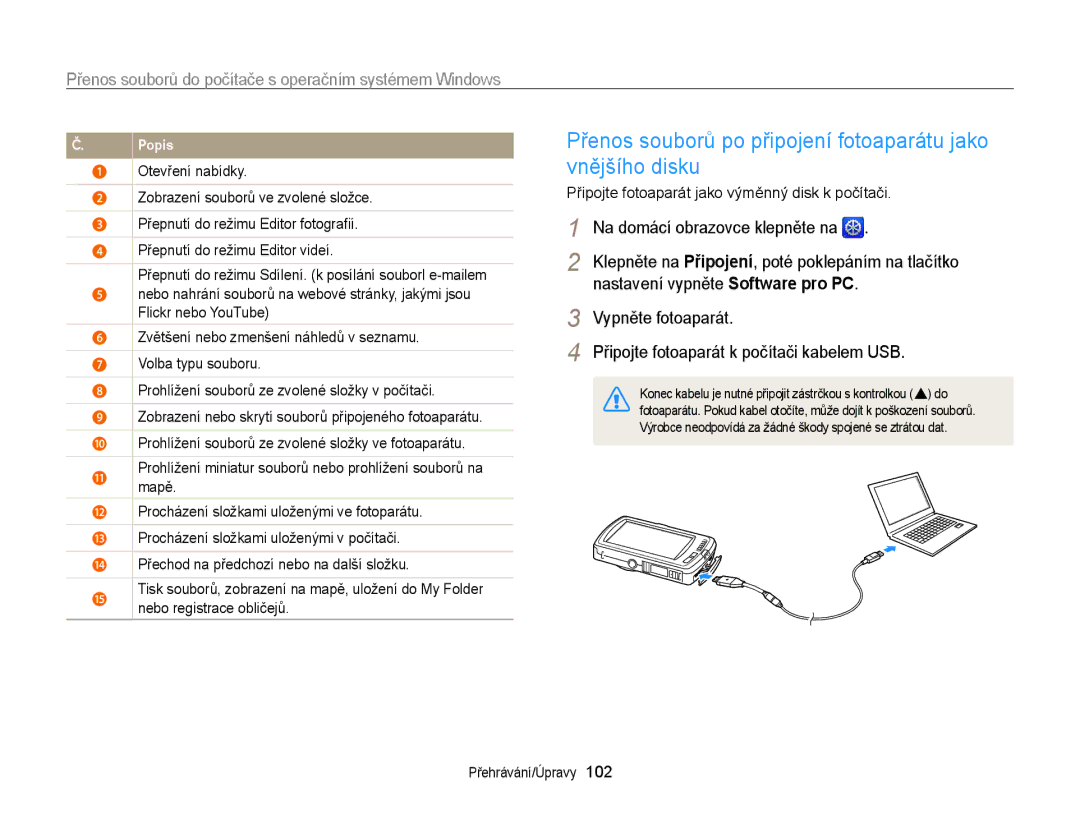 Samsung EC-ST65ZZBPEE3 Přenos souborů po připojení fotoaparátu jako vnějšího disku, Nastavení vypněte Software pro PC 