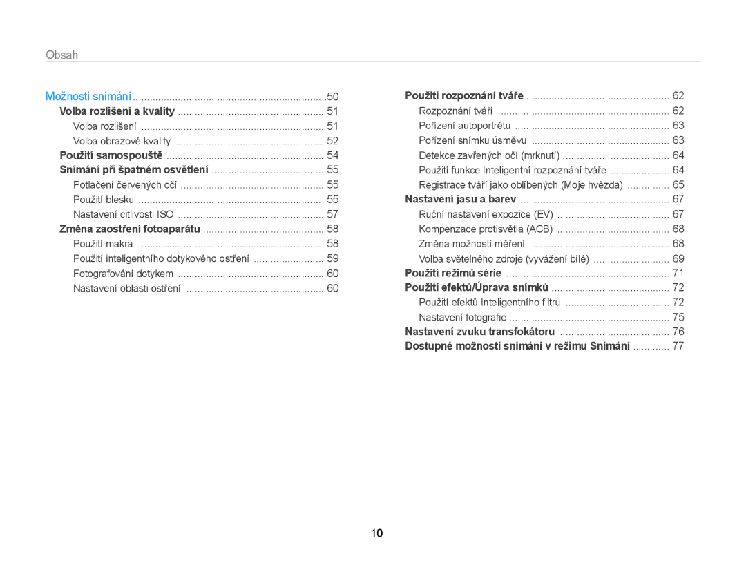 Samsung EC-ST65ZZBPEE3, EC-ST65ZZBPRE3, EC-ST65ZZBPSE3, EC-ST65ZZBPUE3 manual Obsah, Detekce zavřených očí mrknutí 