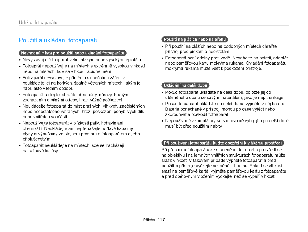 Samsung EC-ST65ZZBPUE3 manual Použití a ukládání fotoaparátu, Údržba fotoaparátu, Použití na plážích nebo na břehu 