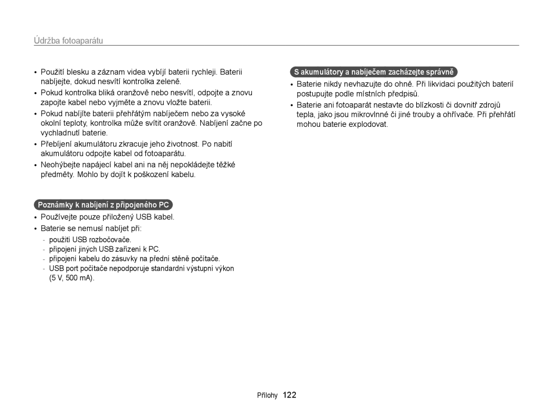 Samsung EC-ST65ZZBPEE3, EC-ST65ZZBPRE3 Poznámky k nabíjení z připojeného PC, Akumulátory a nabíječem zacházejte správně 