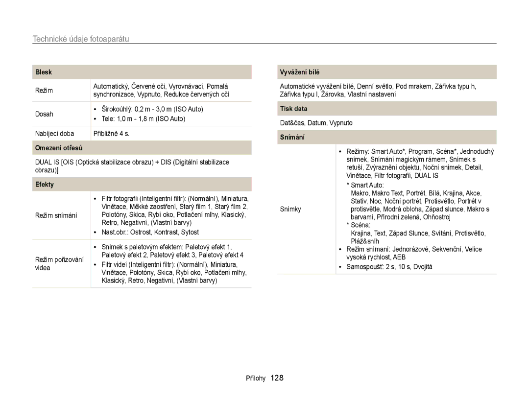 Samsung EC-ST65ZZBPSE3, EC-ST65ZZBPRE3, EC-ST65ZZBPUE3 manual Technické údaje fotoaparátu, Omezení otřesů, Efekty, Snímání 