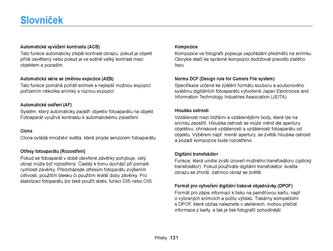 Samsung EC-ST65ZZBPRE3, EC-ST65ZZBPSE3, EC-ST65ZZBPUE3, EC-ST65ZZBPEE3 manual Slovníček 