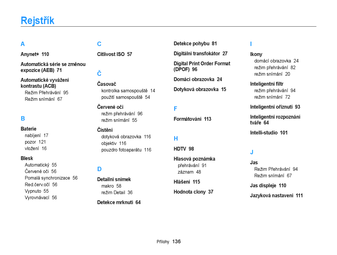 Samsung EC-ST65ZZBPSE3, EC-ST65ZZBPRE3, EC-ST65ZZBPUE3, EC-ST65ZZBPEE3 manual Rejstřík 