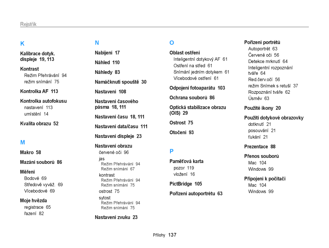 Samsung EC-ST65ZZBPUE3, EC-ST65ZZBPRE3, EC-ST65ZZBPSE3, EC-ST65ZZBPEE3 manual Rejstřík 