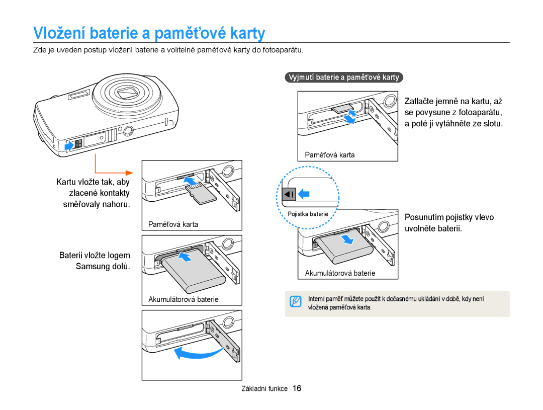 Samsung EC-ST65ZZBPSE3, EC-ST65ZZBPRE3, EC-ST65ZZBPUE3 Vložení baterie a paměťové karty, Uvolněte baterii, Paměťová karta 