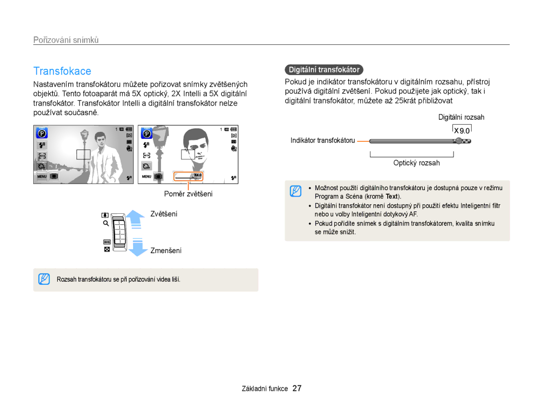 Samsung EC-ST65ZZBPRE3 manual Transfokace, Pořizování snímků, Digitální transfokátor, Digitální rozsah, Optický rozsah 