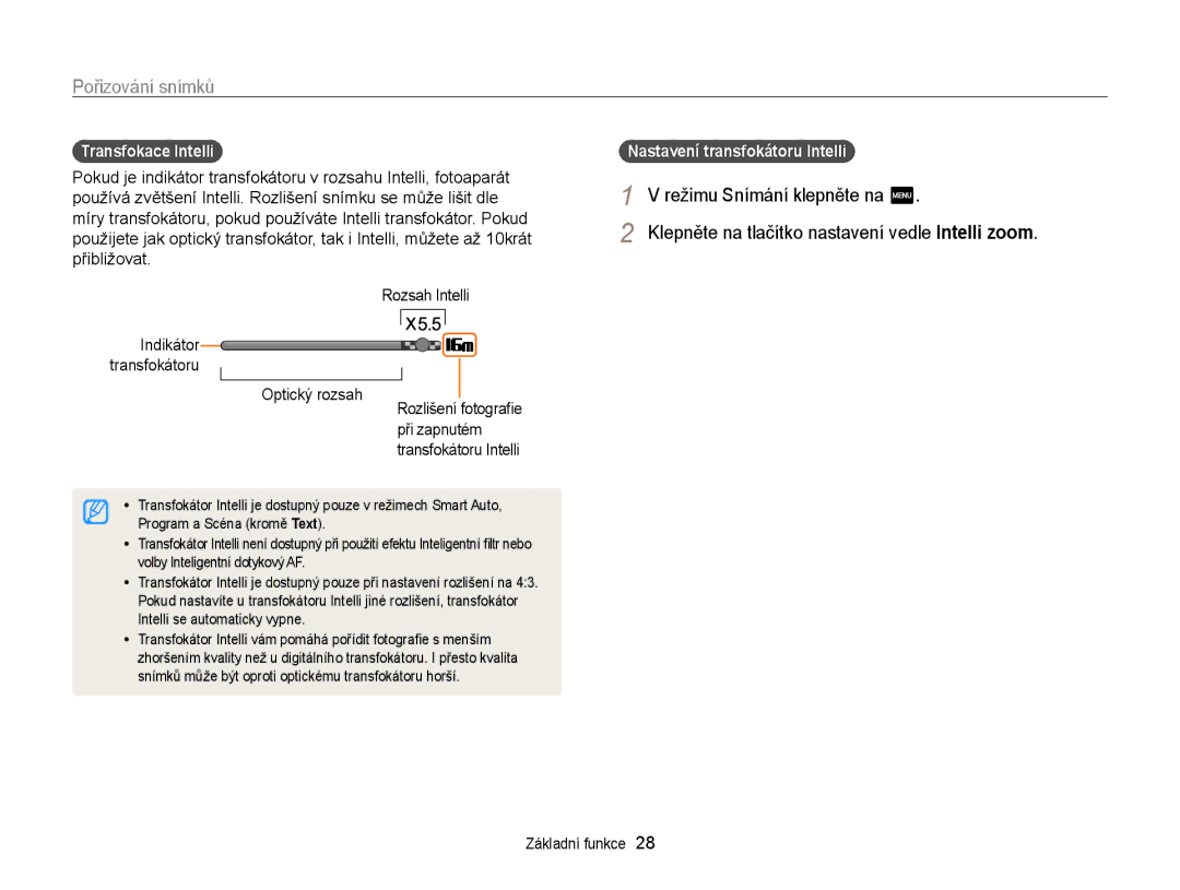 Samsung EC-ST65ZZBPSE3, EC-ST65ZZBPRE3, EC-ST65ZZBPUE3, EC-ST65ZZBPEE3 Režimu Snímání klepněte na m, Transfokace Intelli 