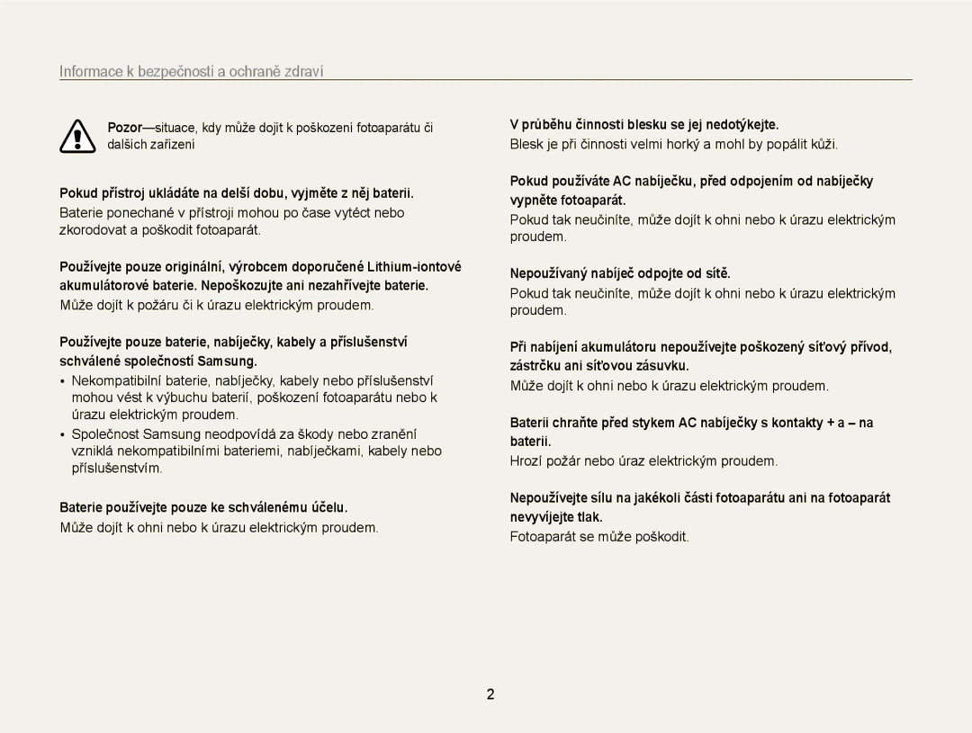 Samsung EC-ST65ZZBPEE3 manual Informace k bezpečnosti a ochraně zdraví, Baterie používejte pouze ke schválenému účelu 