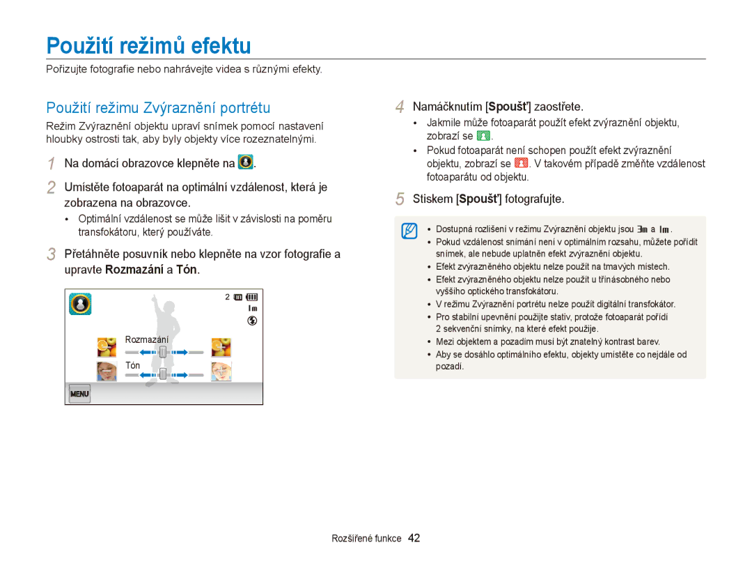 Samsung EC-ST65ZZBPEE3, EC-ST65ZZBPRE3 Použití režimů efektu, Použití režimu Zvýraznění portrétu, Zobrazena na obrazovce 