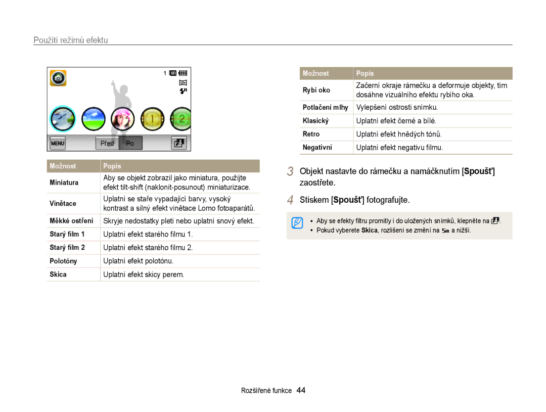 Samsung EC-ST65ZZBPSE3 manual Dosáhne vizuálního efektu rybího oka, Vylepšení ostrosti snímku, Uplatní efekt černé a bílé 