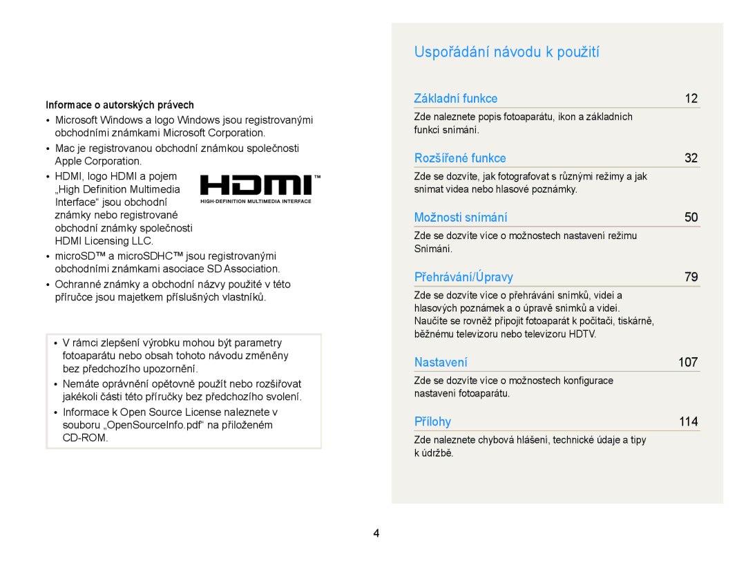 Samsung EC-ST65ZZBPSE3, EC-ST65ZZBPRE3, EC-ST65ZZBPUE3 manual Uspořádání návodu k použití, Informace o autorských právech 