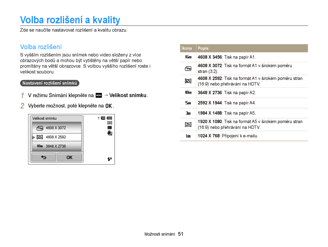 Samsung EC-ST65ZZBPRE3, EC-ST65ZZBPSE3 Volba rozlišení a kvality, Zde se naučíte nastavovat rozlišení a kvalitu obrazu 