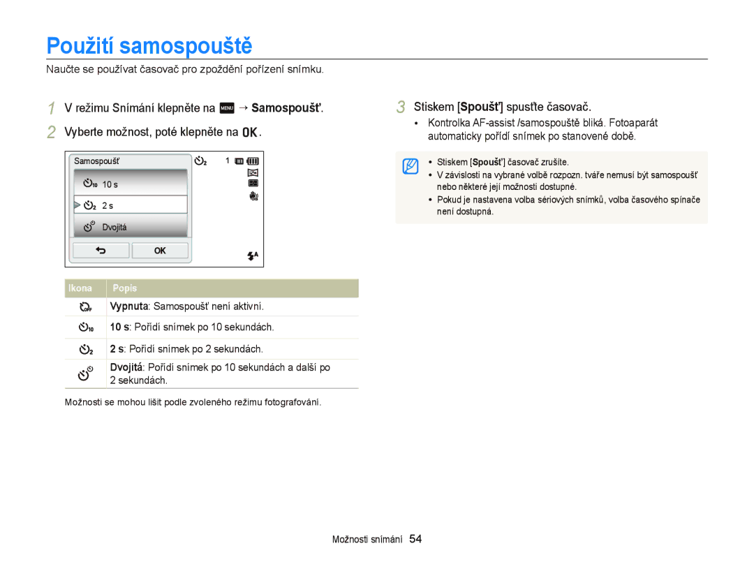 Samsung EC-ST65ZZBPEE3, EC-ST65ZZBPRE3, EC-ST65ZZBPSE3, EC-ST65ZZBPUE3 Použití samospouště, Stiskem Spoušť spusťte časovač 