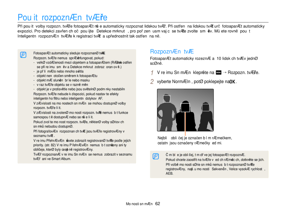 Samsung EC-ST65ZZBPEE3, EC-ST65ZZBPRE3, EC-ST65ZZBPSE3, EC-ST65ZZBPUE3 manual Použití rozpoznání tváře, Rozpoznání tváří 