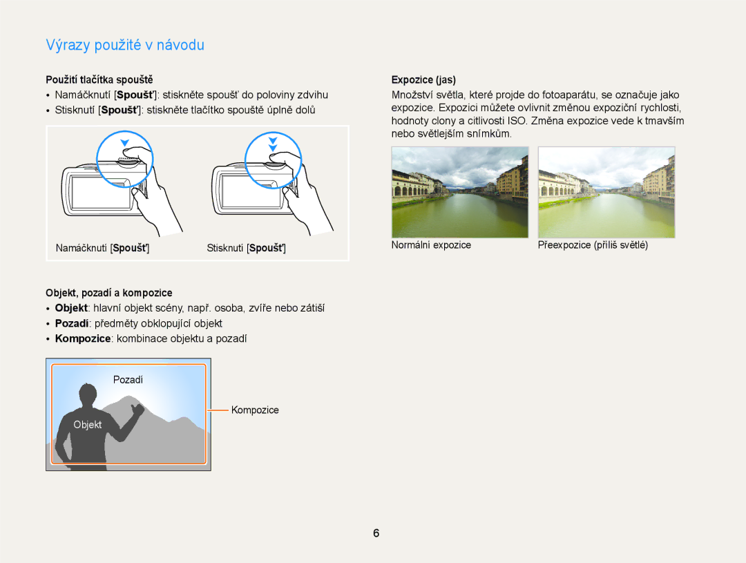 Samsung EC-ST65ZZBPEE3 manual Výrazy použité v návodu, Použití tlačítka spouště, Objekt, pozadí a kompozice, Expozice jas 