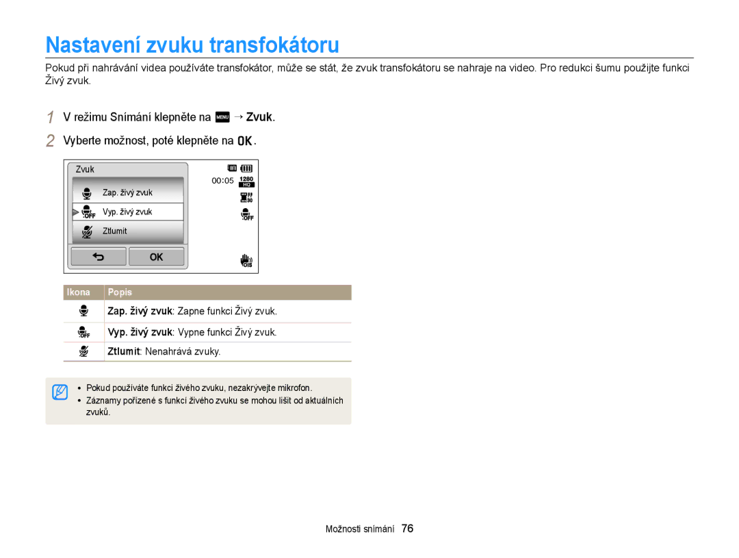 Samsung EC-ST65ZZBPSE3, EC-ST65ZZBPRE3, EC-ST65ZZBPUE3, EC-ST65ZZBPEE3 manual Nastavení zvuku transfokátoru 