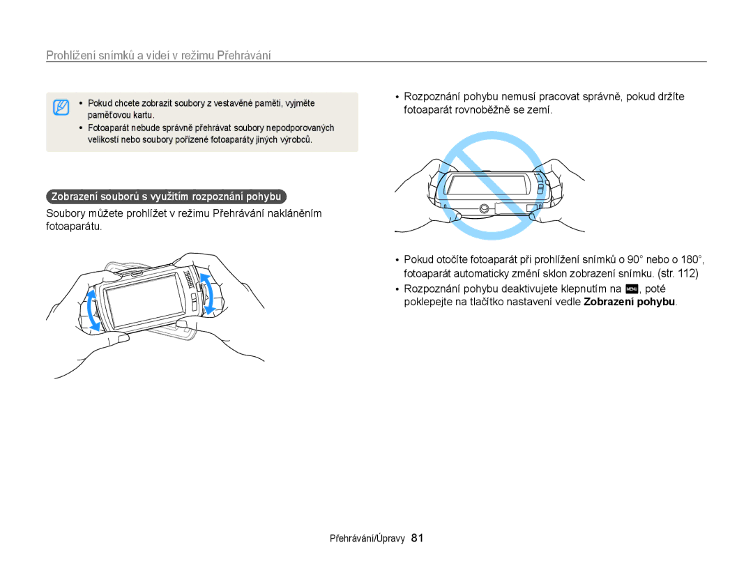 Samsung EC-ST65ZZBPUE3 manual Prohlížení snímků a videí v režimu Přehrávání, Zobrazení souborů s využitím rozpoznání pohybu 