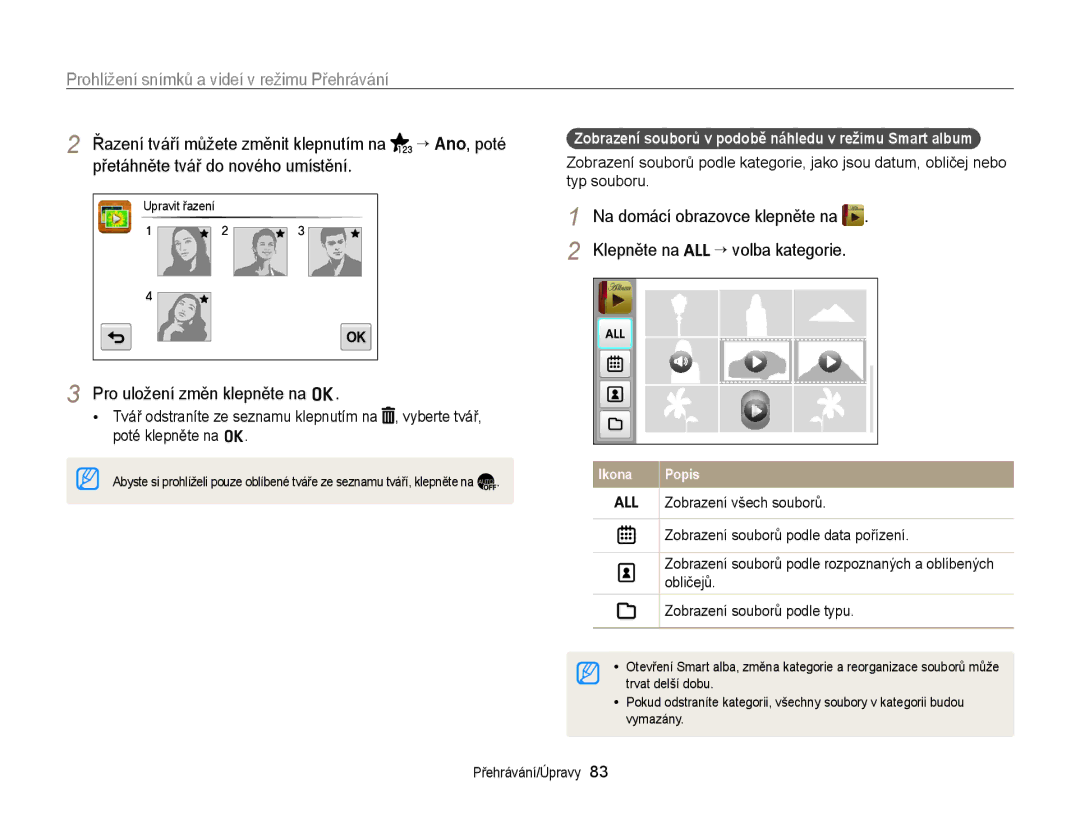 Samsung EC-ST65ZZBPRE3 manual Klepněte na “ volba kategorie, Zobrazení souborů v podobě náhledu v režimu Smart album 