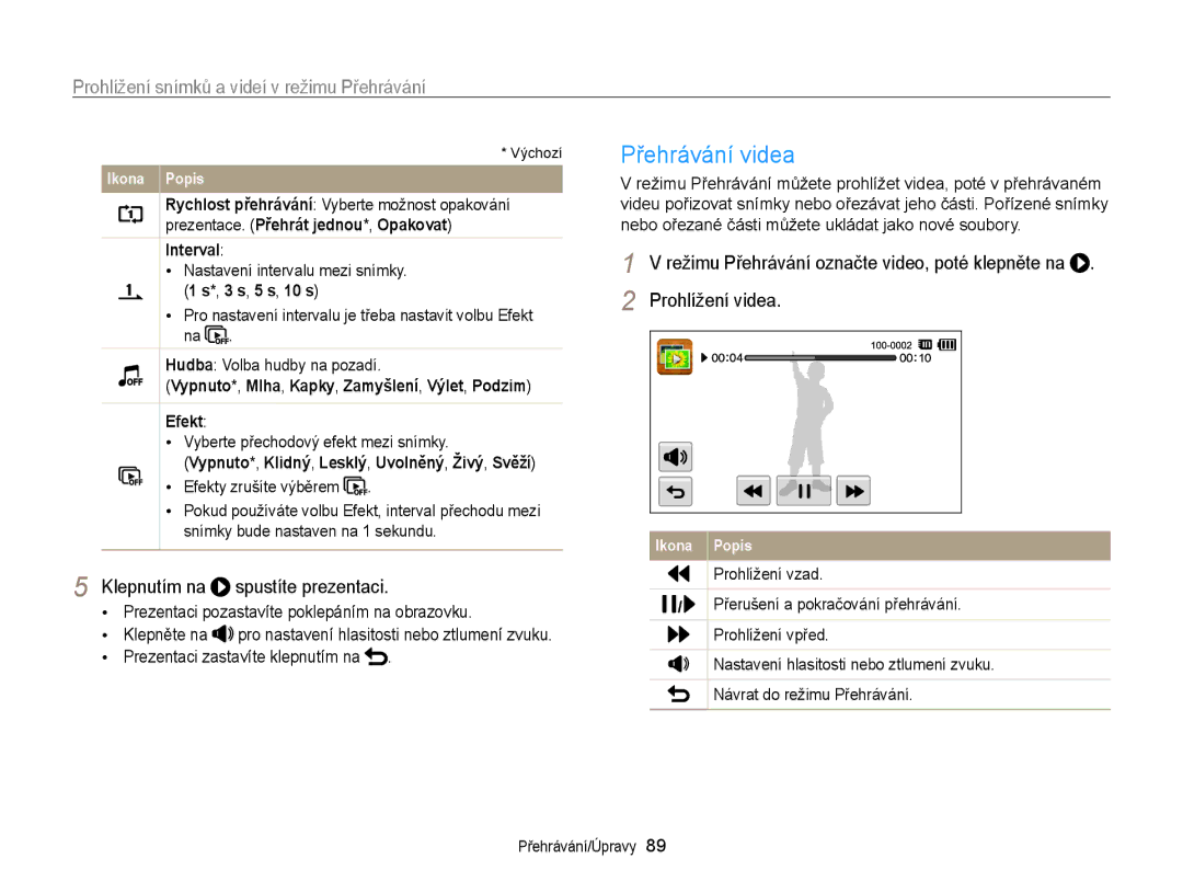 Samsung EC-ST65ZZBPUE3, EC-ST65ZZBPRE3, EC-ST65ZZBPSE3 manual Přehrávání videa, Klepnutím na spustíte prezentaci, Interval 