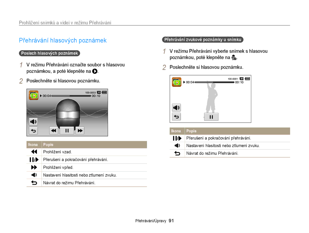 Samsung EC-ST65ZZBPRE3, EC-ST65ZZBPSE3, EC-ST65ZZBPUE3 manual Přehrávání hlasových poznámek, Poslechněte si hlasovou poznámku 