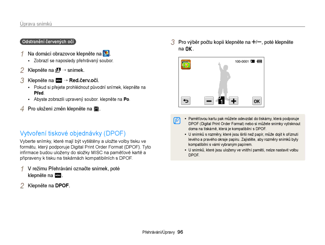 Samsung EC-ST65ZZBPSE3 manual Vytvoření tiskové objednávky Dpof, Odstranění červených očí, Klepněte na m “ Red.červ.očí 