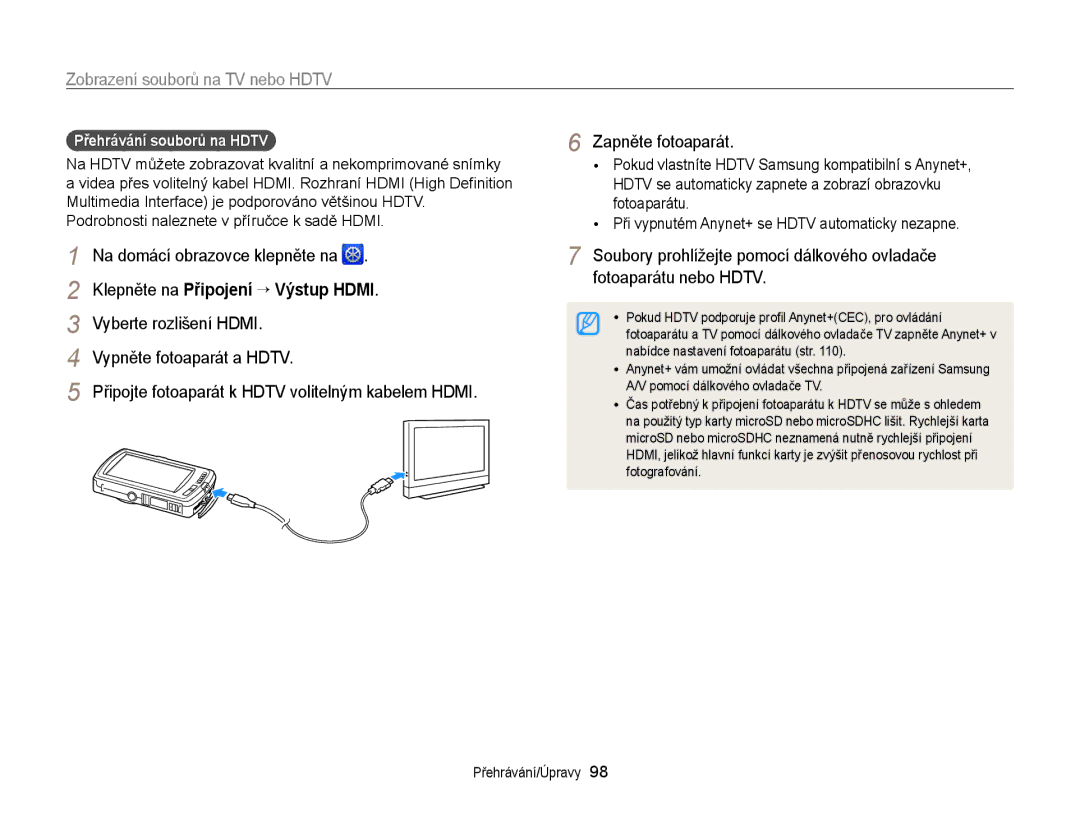 Samsung EC-ST65ZZBPEE3, EC-ST65ZZBPRE3 manual Zobrazení souborů na TV nebo Hdtv, Klepněte na Připojení “ Výstup Hdmi 