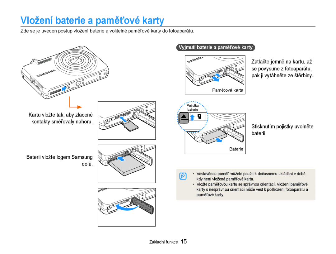 Samsung EC-ST65ZZBPRE3, EC-ST65ZZBPSE3 manual Vložení baterie a paměťové karty, Stisknutím pojistky uvolněte baterii 