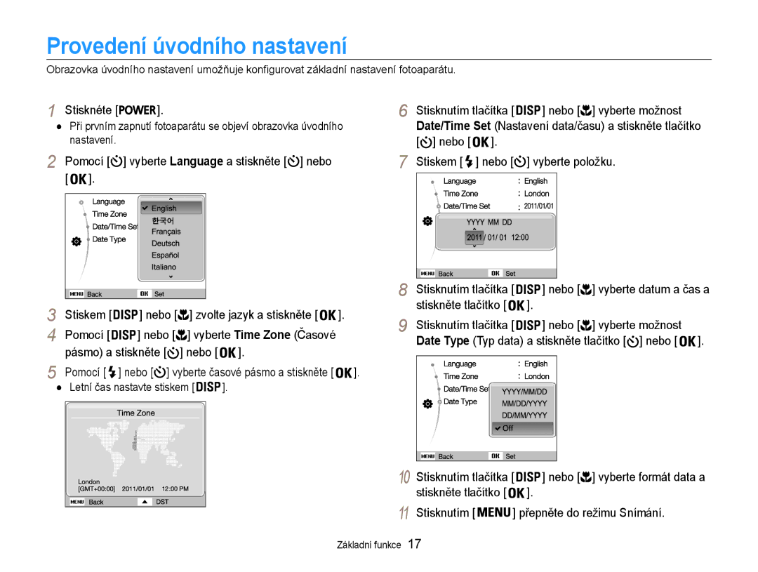 Samsung EC-ST65ZZBPUE3, EC-ST65ZZBPRE3, EC-ST65ZZBPSE3, EC-ST65ZZBPEE3 manual Provedení úvodního nastavení 