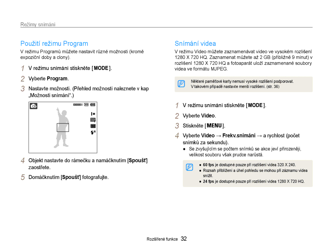 Samsung EC-ST65ZZBPSE3, EC-ST65ZZBPRE3 manual Použití režimu Program, Snímání videa, Snímků za sekundu, Vyberte Video 