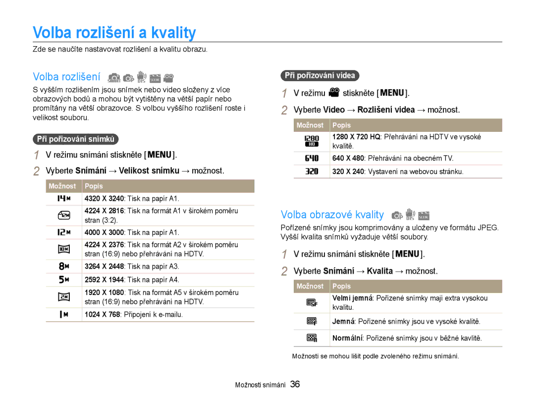 Samsung EC-ST65ZZBPSE3, EC-ST65ZZBPRE3, EC-ST65ZZBPUE3 Volba rozlišení a kvality, Volba obrazové kvality, Režimu Stiskněte 