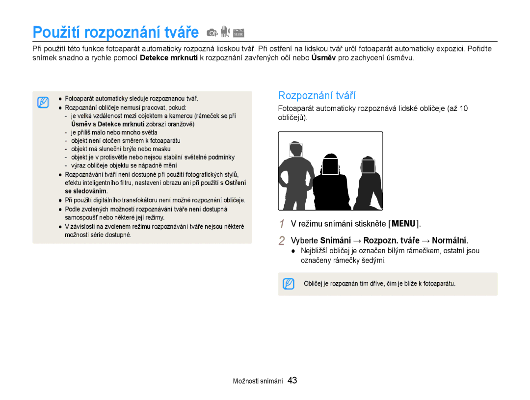 Samsung EC-ST65ZZBPRE3 Použití rozpoznání tváře, Rozpoznání tváří, Úsměv a Detekce mrknutí zobrazí oranžově, Se sledováním 