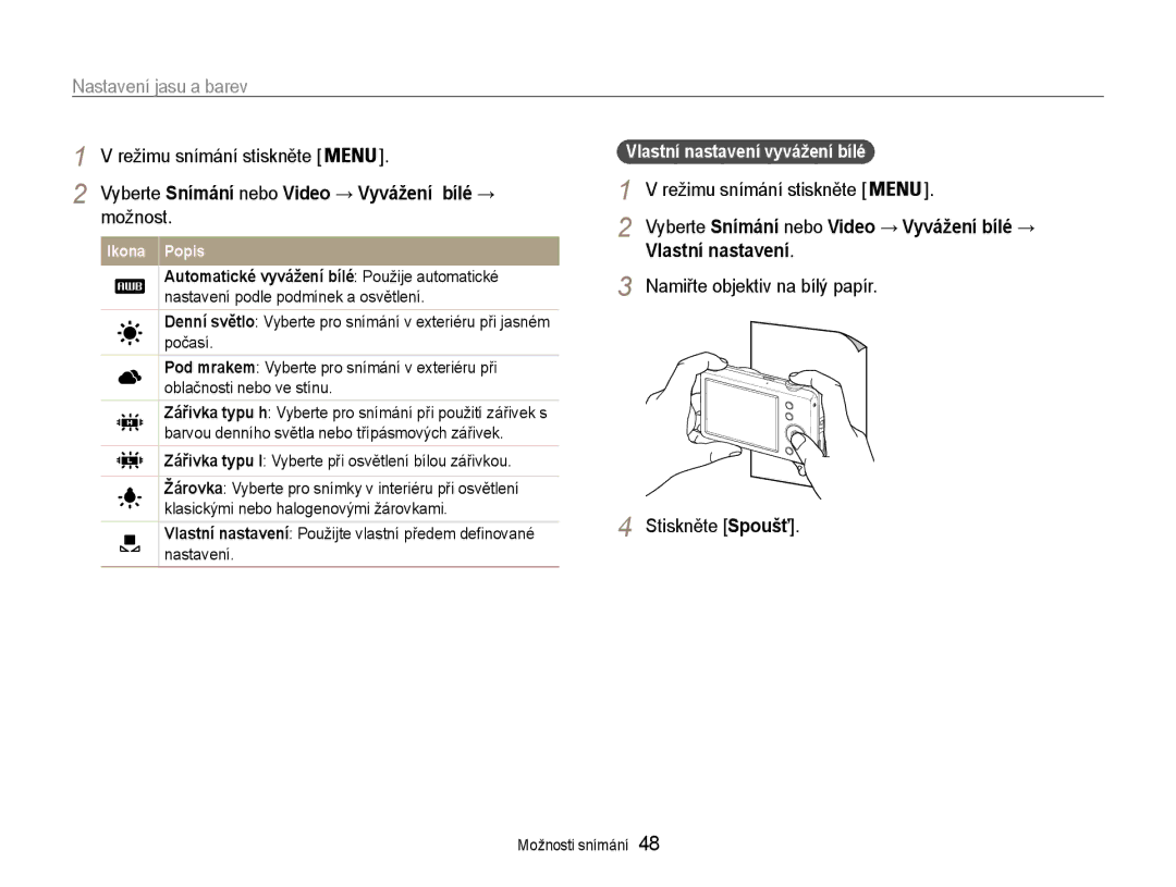 Samsung EC-ST65ZZBPSE3, EC-ST65ZZBPRE3 manual Možnost, Vlastní nastavení, Namiřte objektiv na bílý papír Stiskněte Spoušť 