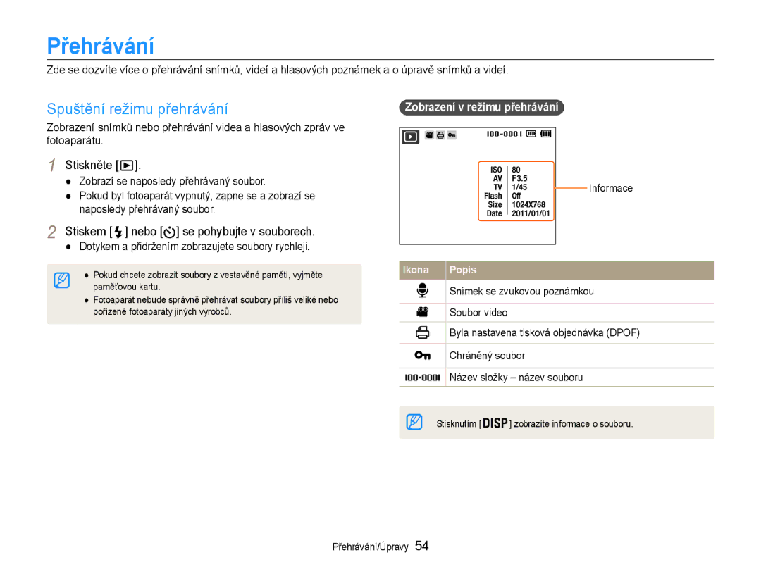 Samsung EC-ST65ZZBPEE3, EC-ST65ZZBPRE3 manual Přehrávání, Spuštění režimu přehrávání, Zobrazení v režimu přehrávání 