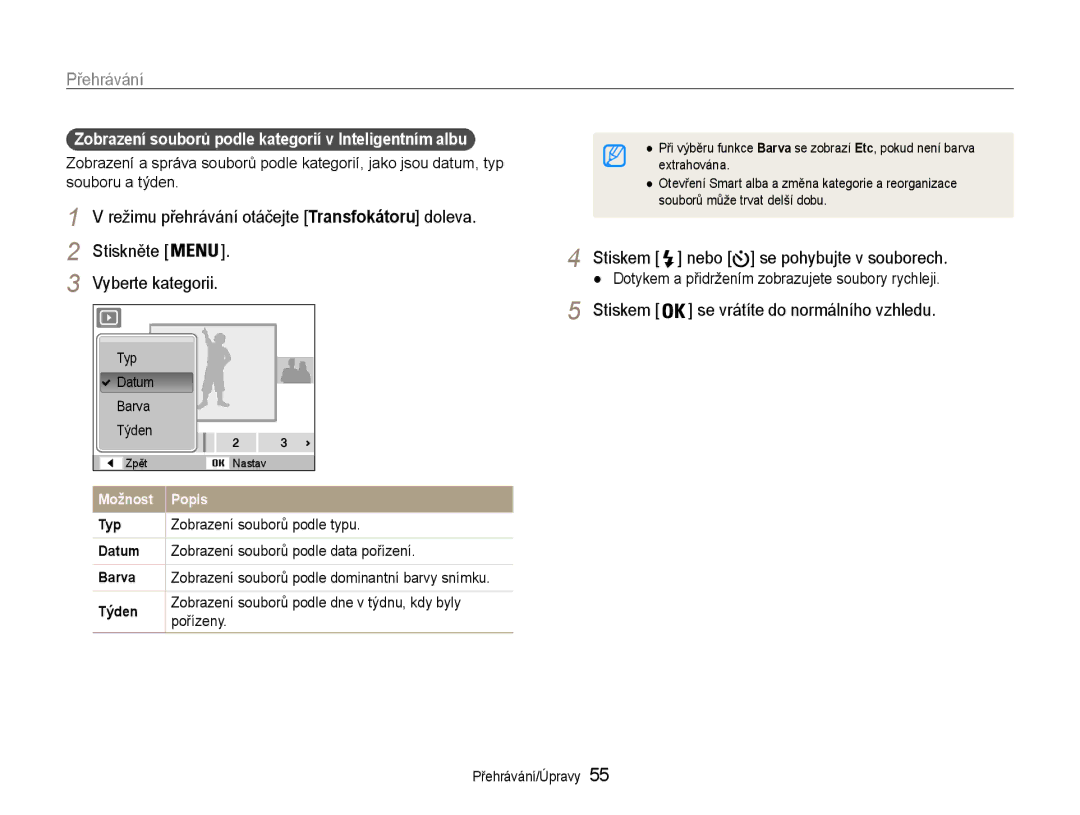 Samsung EC-ST65ZZBPRE3 manual Stiskem nebo se pohybujte v souborech, Zobrazení souborů podle kategorií v Inteligentním albu 