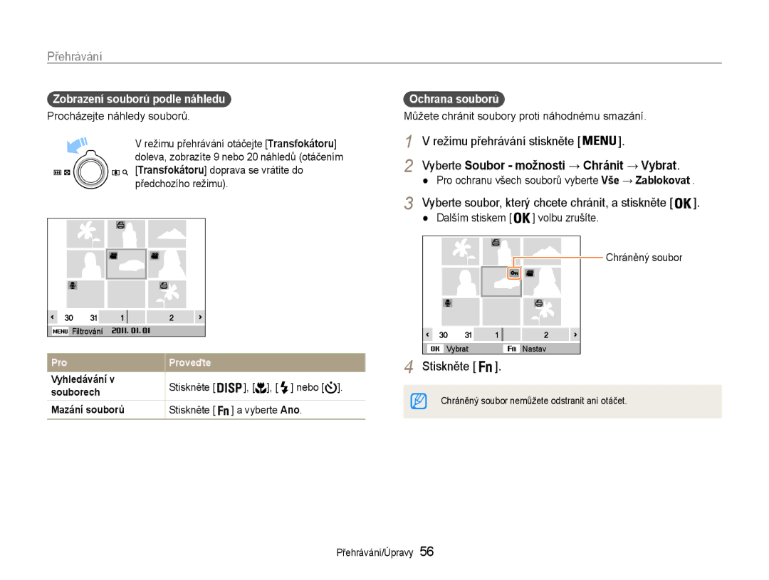 Samsung EC-ST65ZZBPSE3 manual Zobrazení souborů podle náhledu, Procházejte náhledy souborů, Stiskněte Nebo, Ochrana souborů 