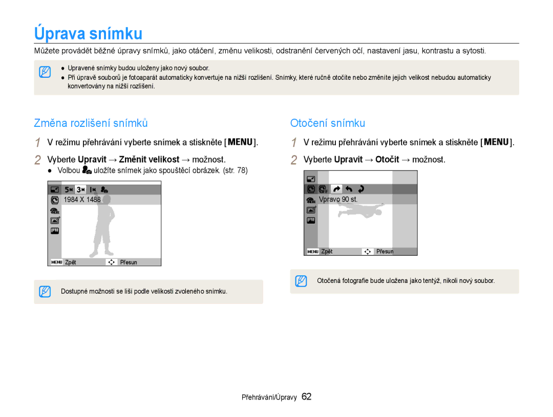 Samsung EC-ST65ZZBPEE3, EC-ST65ZZBPRE3, EC-ST65ZZBPSE3 manual Úprava snímku, Změna rozlišení snímků, Otočení snímku, Volbou 