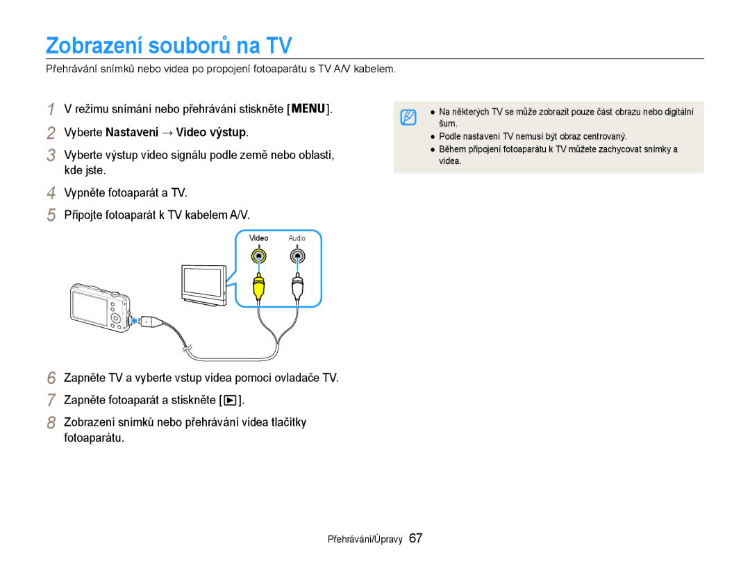 Samsung EC-ST65ZZBPRE3, EC-ST65ZZBPSE3, EC-ST65ZZBPUE3 manual Zobrazení souborů na TV, Vyberte Nastavení → Video výstup 