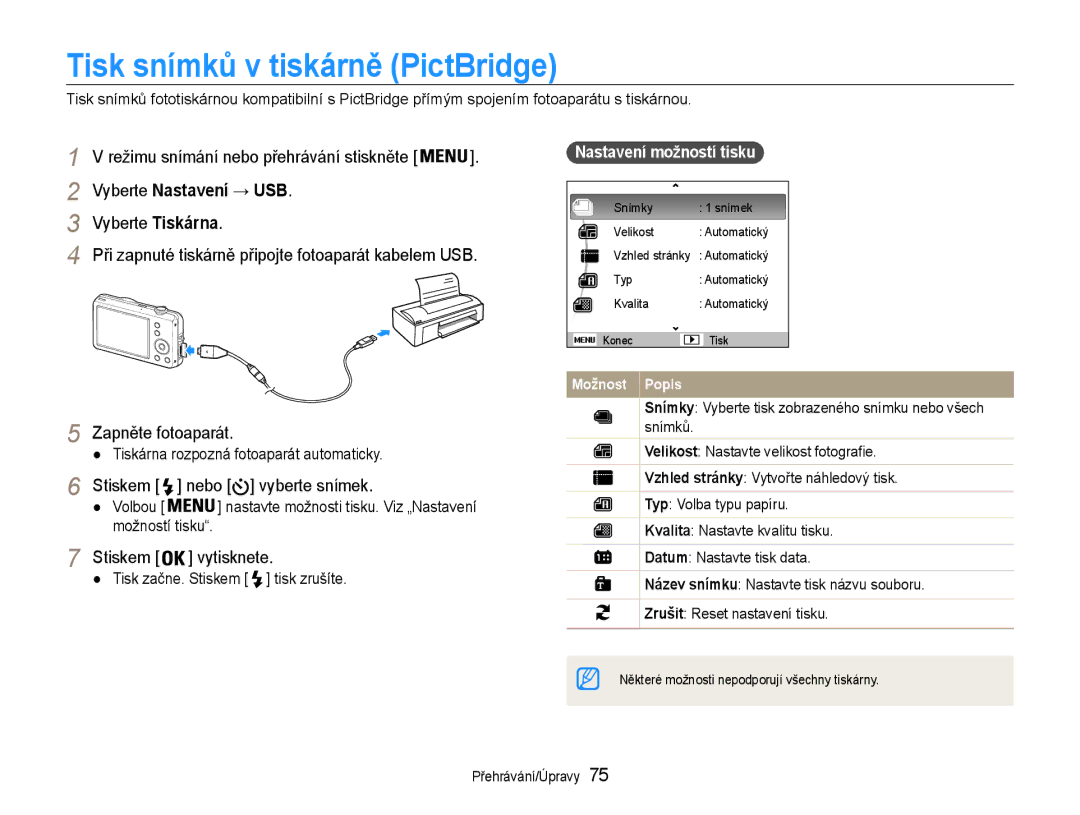 Samsung EC-ST65ZZBPRE3 Tisk snímků v tiskárně PictBridge, Vyberte Nastavení → USB, Vyberte Tiskárna, Stiskem vytisknete 