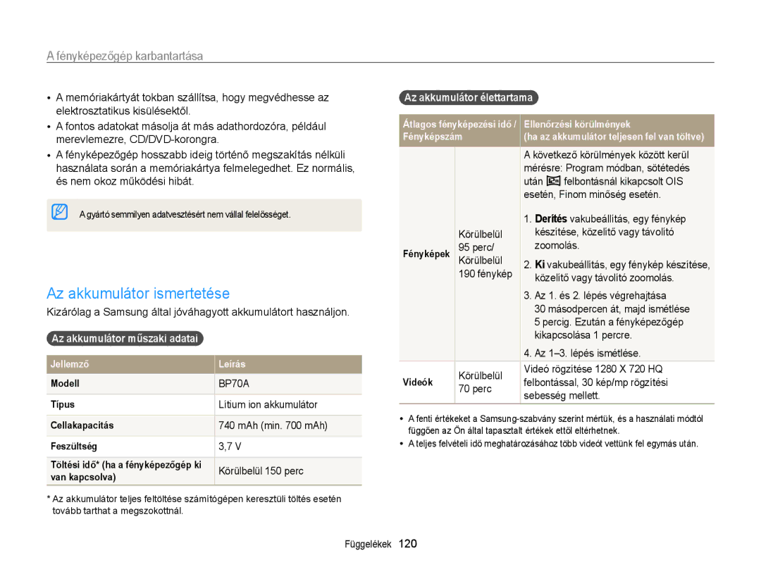 Samsung EC-ST65ZZBPSE1 manual Az akkumulátor ismertetése, Az akkumulátor műszaki adatai, Az akkumulátor élettartama 