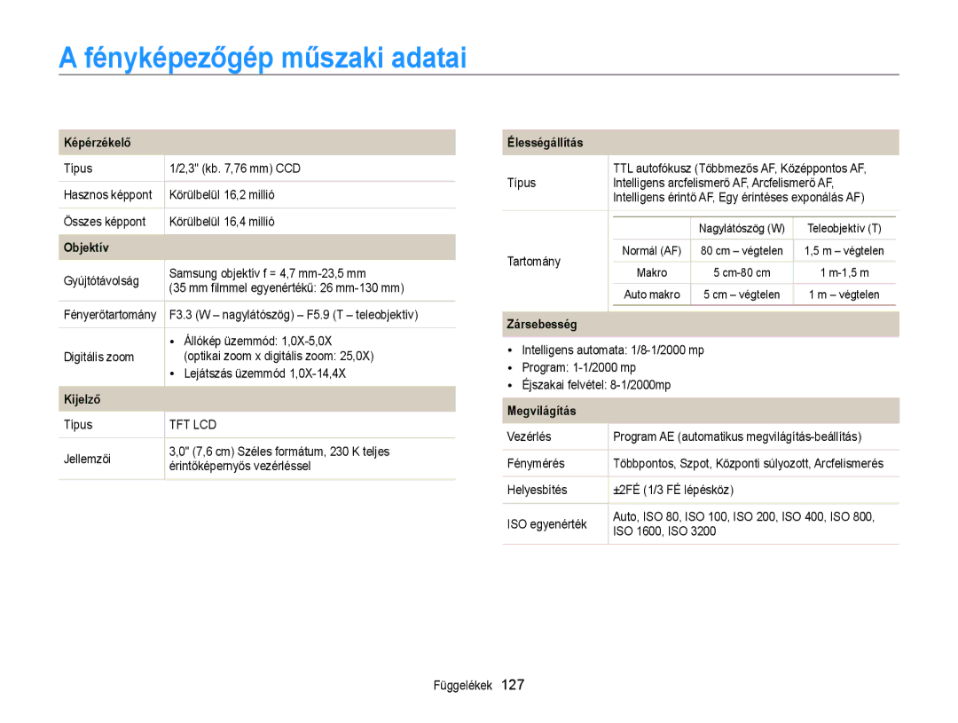 Samsung EC-ST65ZZBPRE2 manual Fényképezőgép műszaki adatai, TTL autofókusz Többmezős AF, Középpontos AF, Teleobjektív T 