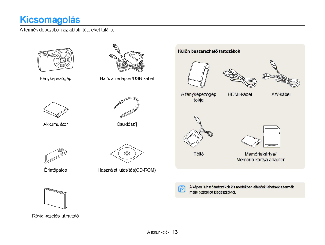 Samsung EC-ST65ZZBPSE3, EC-ST65ZZBPSE1, EC-ST65ZZBPUE1, EC-ST65ZZBPRE3 manual Kicsomagolás, Külön beszerezhető tartozékok 