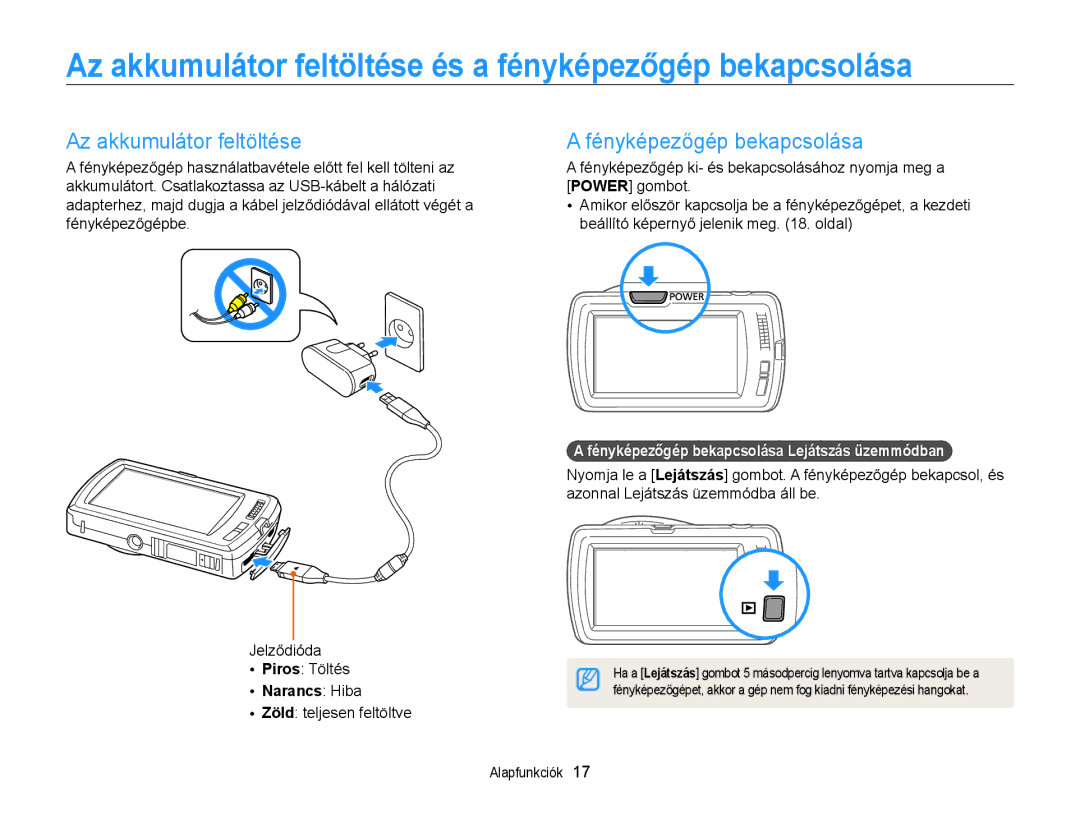 Samsung EC-ST65ZZBPRE2 Az akkumulátor feltöltése és a fényképezőgép bekapcsolása, Fényképezőgép bekapcsolása, Narancs Hiba 