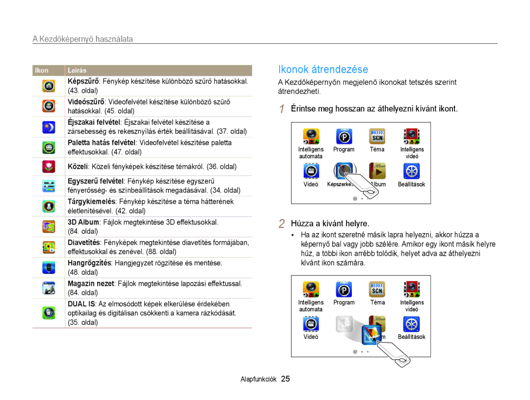 Samsung EC-ST65ZZBPBE3 manual Ikonok átrendezése, Kezdőképernyő használata, Érintse meg hosszan az áthelyezni kívánt ikont 