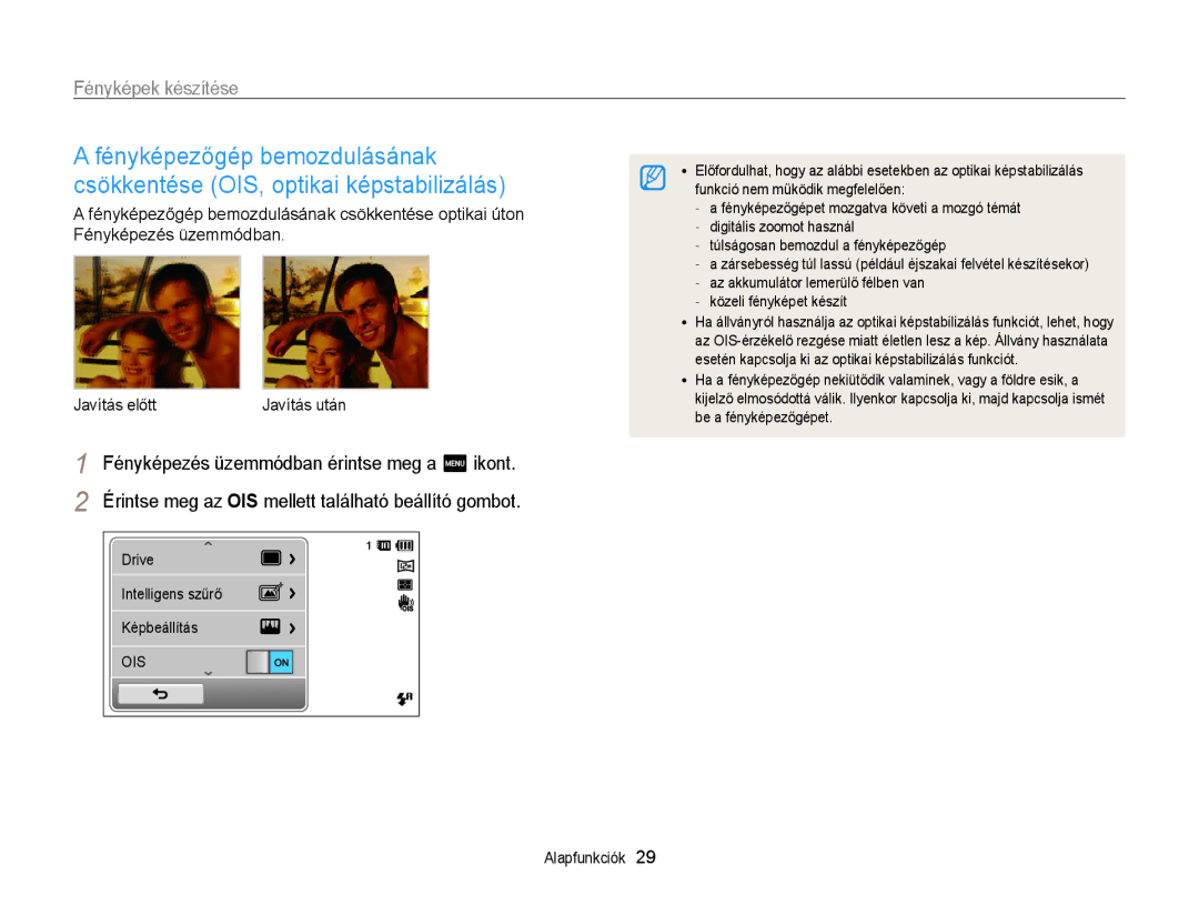 Samsung EC-ST65ZZBPSE2 manual Érintse meg az OIS mellett található beállító gombot, Funkció nem működik megfelelően 